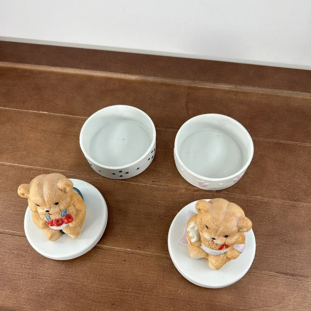 Vintage Ceramic Teddy Bear Trinket Box Pair Baby‎ Gift Decor Set Nursery